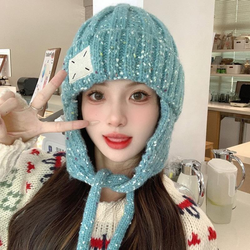 Autumn and Winter New Korean Version of Versatile Wool Hat for Women with Big Head Circumference Showing Their Face Small Rainbow Particles Patches