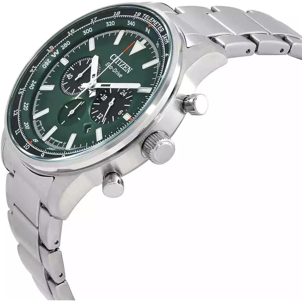 Citizen Eco-Drive Chronograph Green Dial Men's Watch Stainless Steel CA4500-91X Silver Modern Design