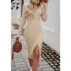 Women Slim V-neck Slit Sweater Dress