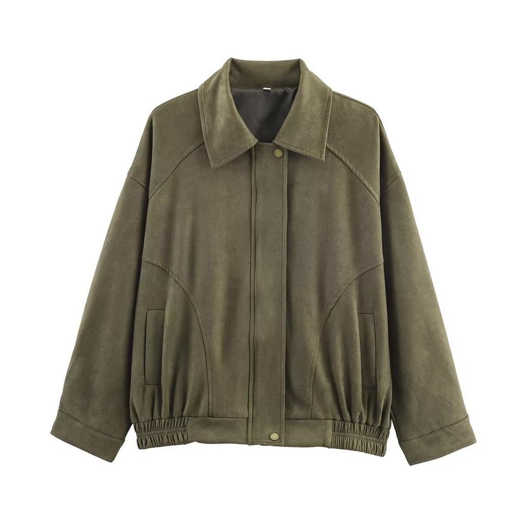 Women's Faux Suede Button Jacket Oversized Gathered Hem Short Length Coat Casual Vintage Outerwear With Pockets