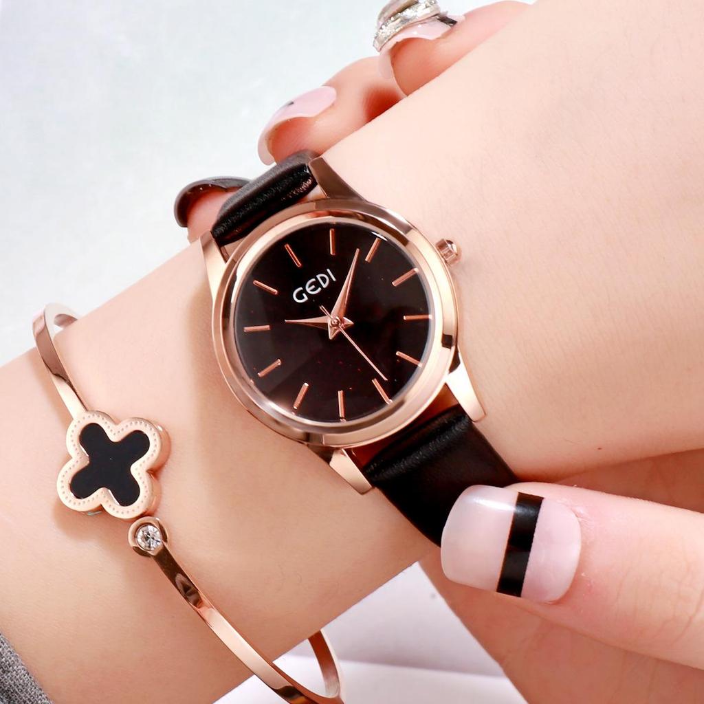Gedi Fashion Glitter Women's High-End Waterproof Quartz Watch with Leather Strap