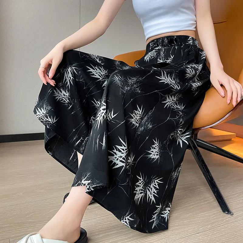 

WTEMPO Китайский стиль ретро большой размер эластичные с высокой талией свободные черно-белые укороченные брюки женские ретро чернила печать повседневные ледяной шелк широкие брюки XL чёрный