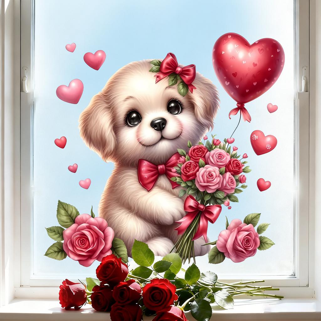 Dog Holding Flowers and Hearts Static Cling Window Stickers No Glue Needed for Bedroom Living Room Balcony Removable Reusable