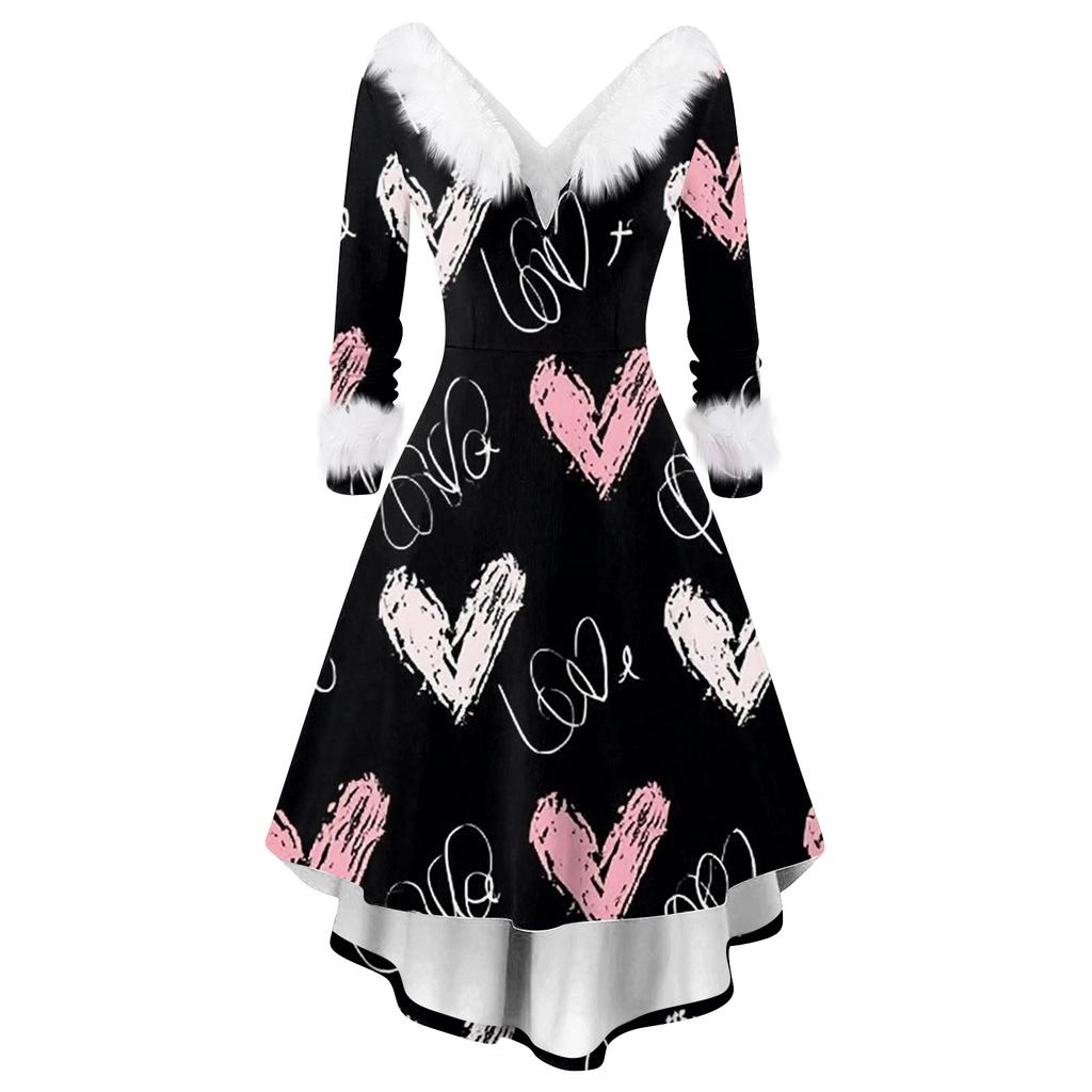 Damen stilvolles und elegantes langärmeliges V-Ausschnitt Kleid mit Valentinstags-Herzprint