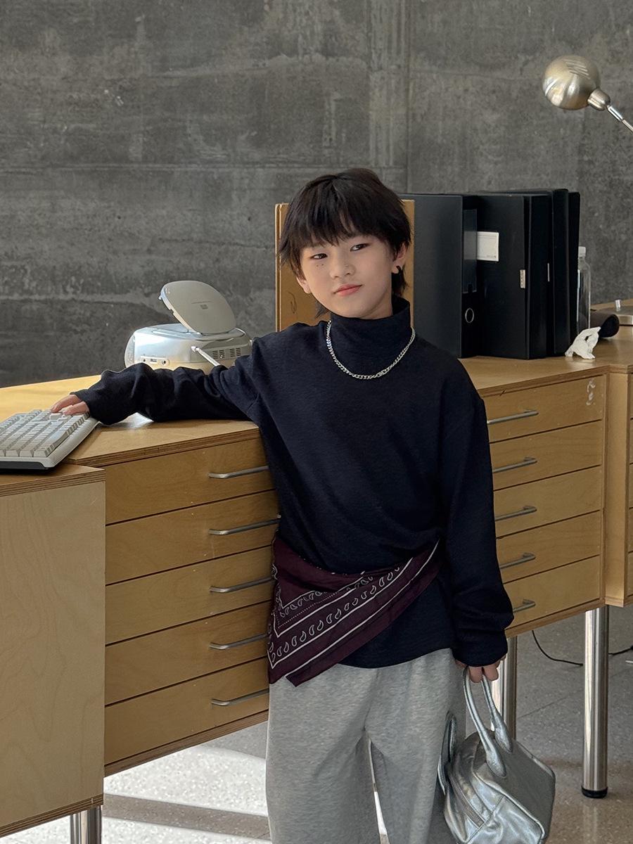 2025 Kids Autumn/Winter Thin Fleece Turtleneck Boys Long Sleeve Top, Korean Style 110cm