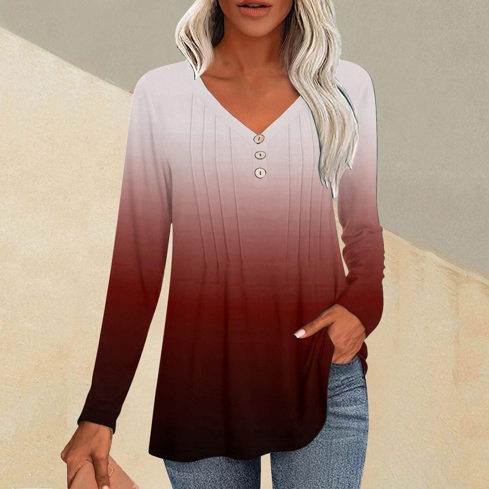 

Женская модная повседневная плиссированная футболка с V-образным вырезом и градиентным принтом с длинным рукавом L