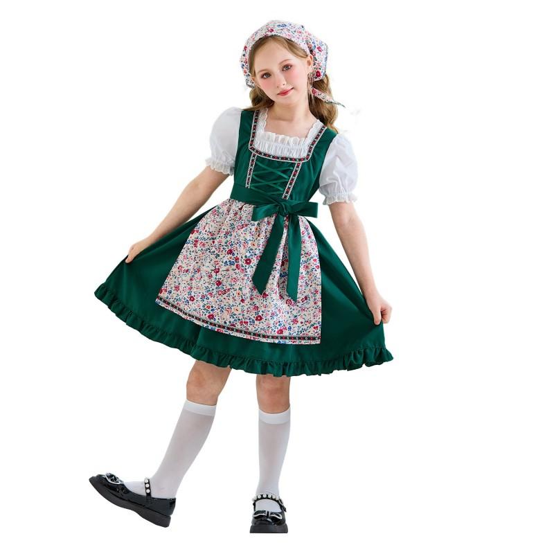 Kids Halloween Costume Dirndl Dress With Apron Headscarf - Lolita Farmhouse Style Girls Short Sleeve Sweet Vintage Outfit