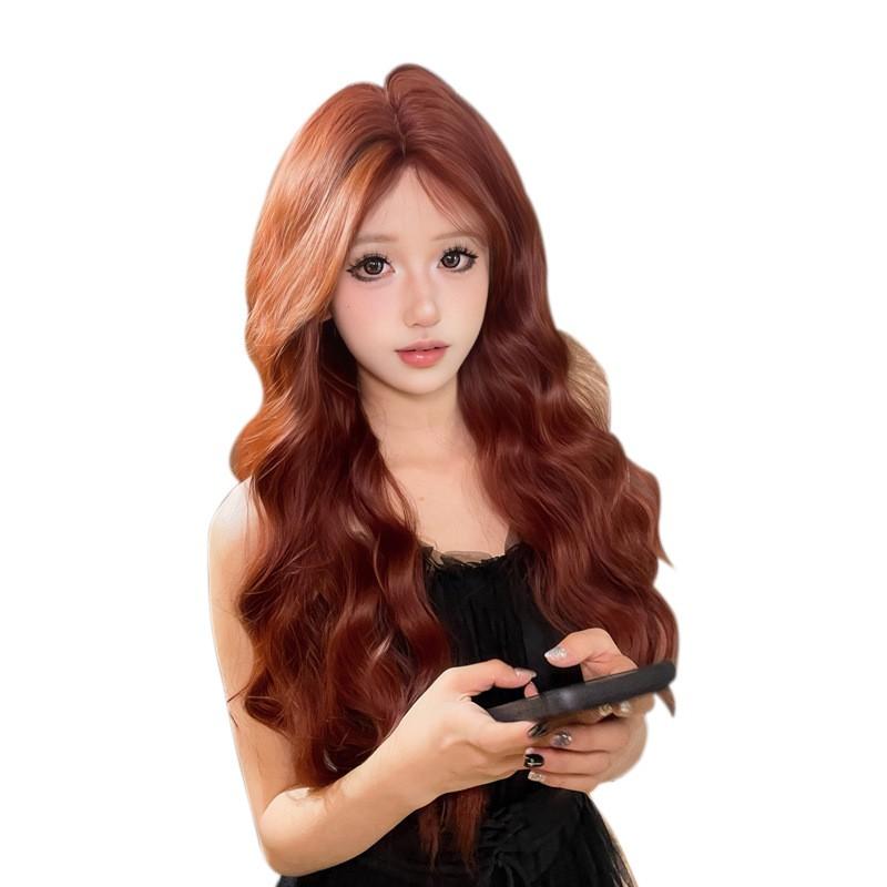 Womens Wig Long Curly Hair Orange Brown Water Wave Natural Realistic Full Lace Daily Use