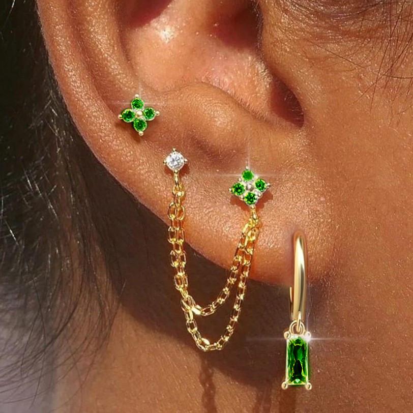 3PCS Nouvel Ensemble de Boucles d'Oreilles Créoles Fleur Quatre Zircons Pour Femmes Acier Inoxydable Double Puce Chaîne Pompon Huggie Bijoux de Piercing brown