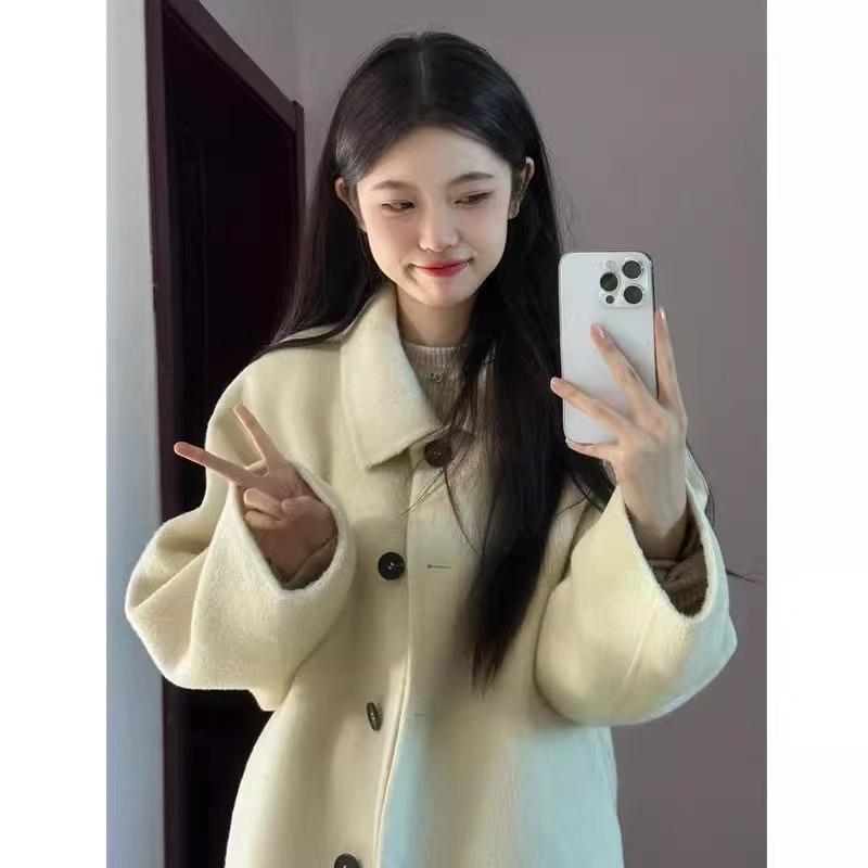 

Women s Yellow Wool Coat with Doll Collar - Mid-Length, Thickened, Korean Style for Autumn/Winter 2025, Available in Red XS абрикосовый