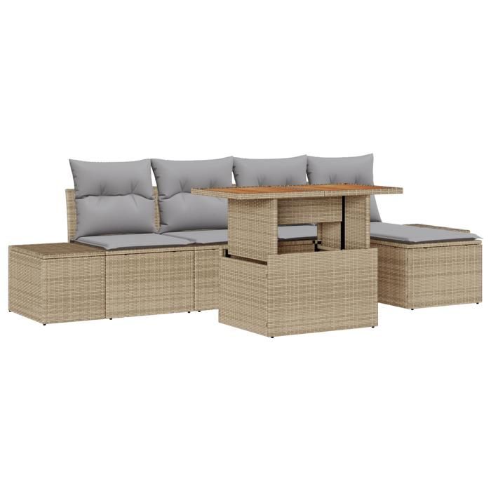 VidaXL Ensemble de salle à manger de jardin 6 pièces avec coussins Beige Poly Rotin Acacia 3349951