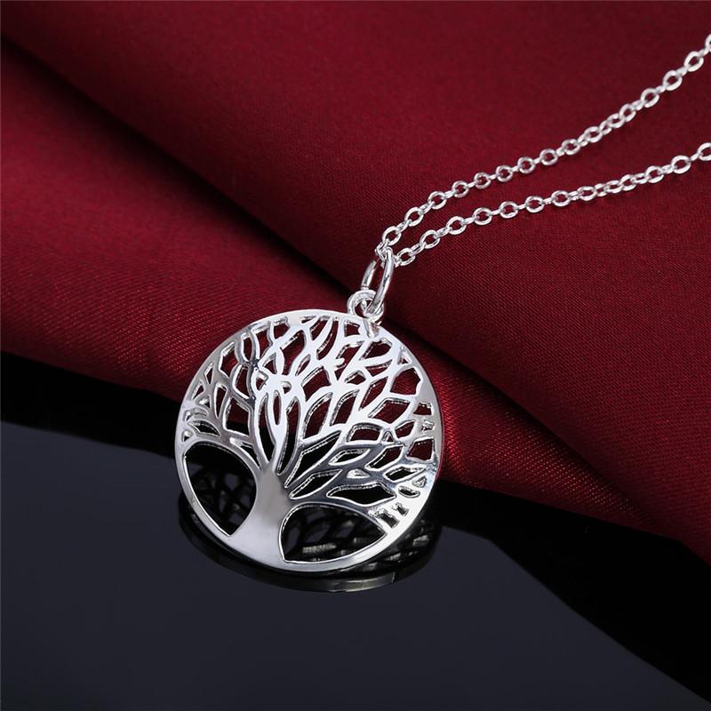 925 Sterling Silver 16inch Chain Tree Round Pendant Necklace For Woman Fashion Wedding Engagement Charm Jewelry