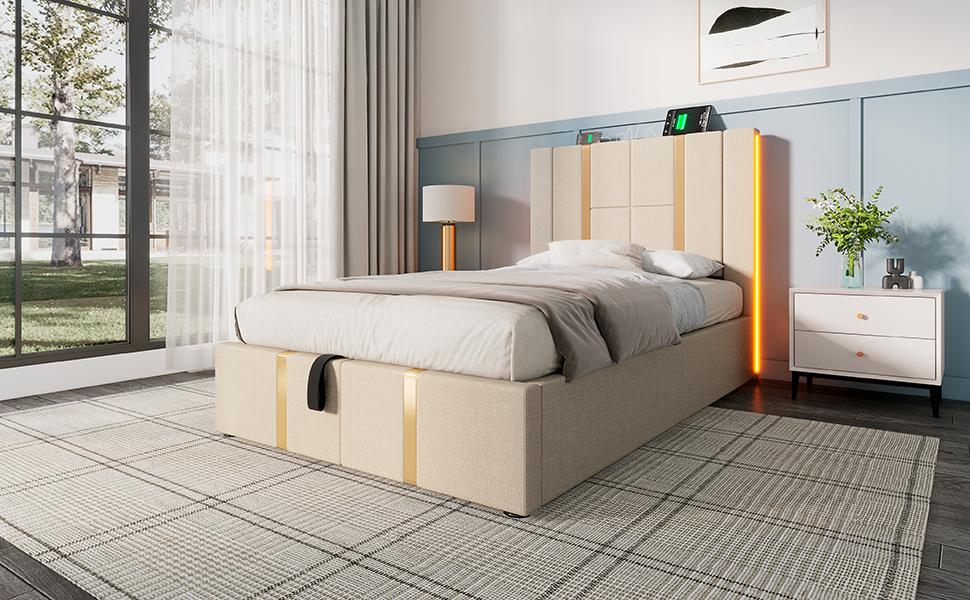 Upholstered Bed USB Type C Charging Single 90x200 Storage Bed Frame, Slatted Frame Made of Wood, Beige Linen Material (With Mattress)