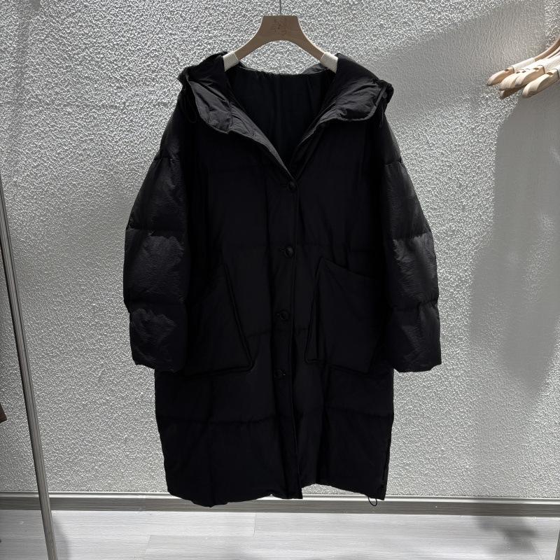 Autumn and winter fashion simple casual medium and long hooded big quilt down jacket loose solid color versatile white duck down