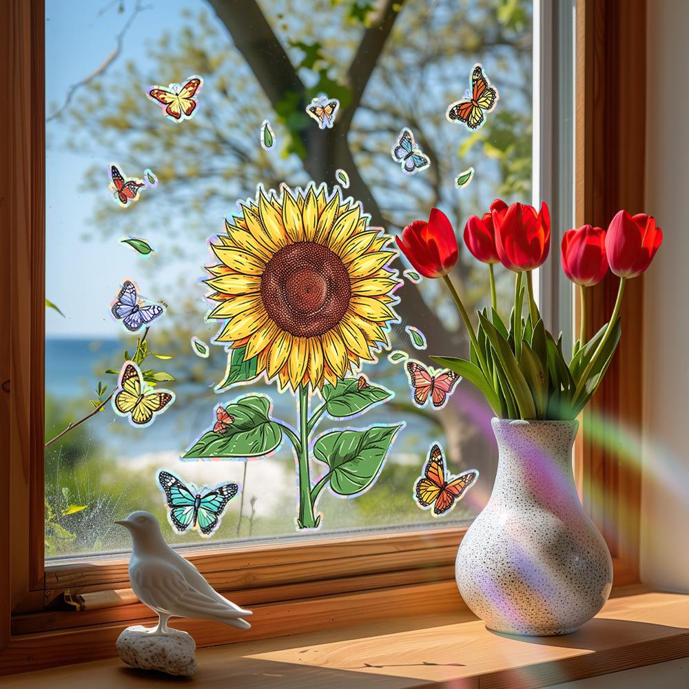 Laser Bunte Sonnenblume Schmetterling Heimverschönerung und Dekoration Glas Statische Fensteraufkleber