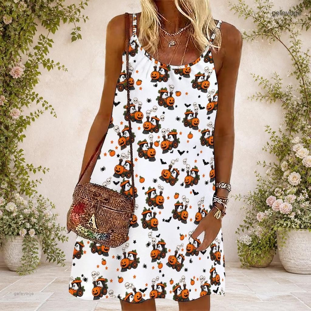 Women Plus Size Scoop Neck Thin Straps Sleeveless Loose Fit Halloween Pumpkin Printed White Dress