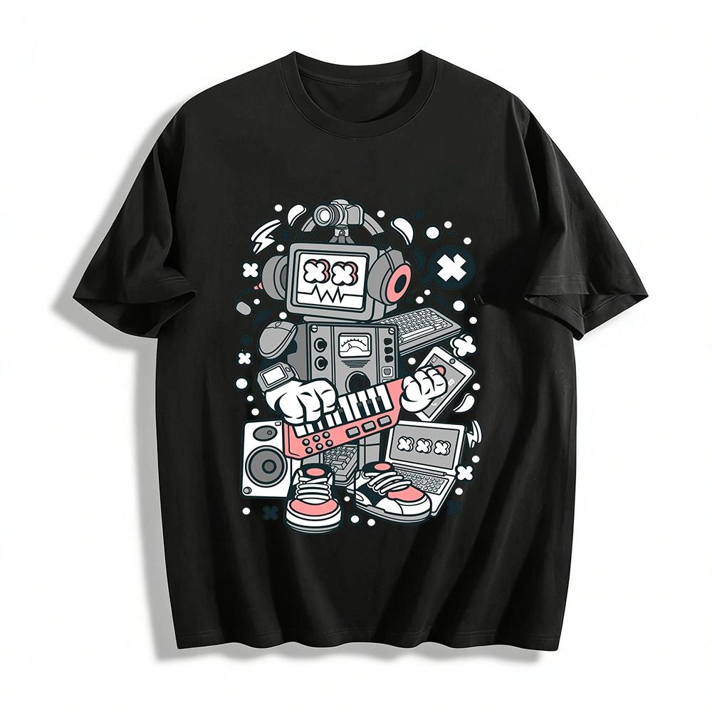 Music Robot Print Trendy Casual Loose Fit Short Sleeve T-Shirt Pure cotton T-shirt XXS