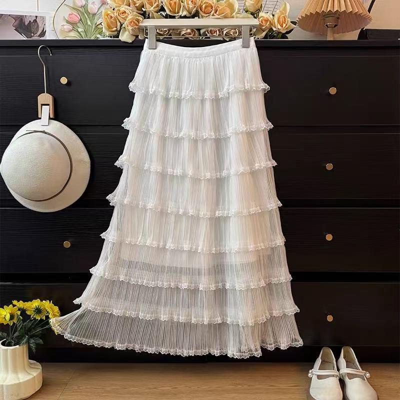 Elegant Autumn Layered Mesh Cake Skirt - Women's Slim-Fit Long Fluffy Gauze Umbrella Skirt