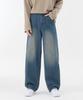 Akeusi Loose Textured Stripe Balloon Fit Wide Denim Pants Unisex (Medium Blue)