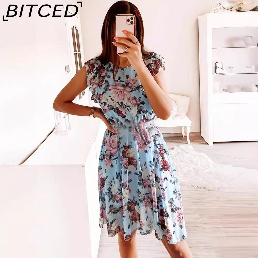 BITCED Fashion Women Casual Loose O-Neck Butterfly Sleeve Floral Print Dress