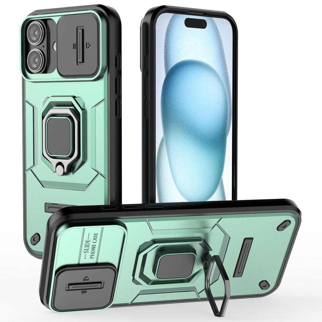 For iPhone 16 Plus Case PC+TPU Camshield Phone Cover with Ring Holder Kickstand