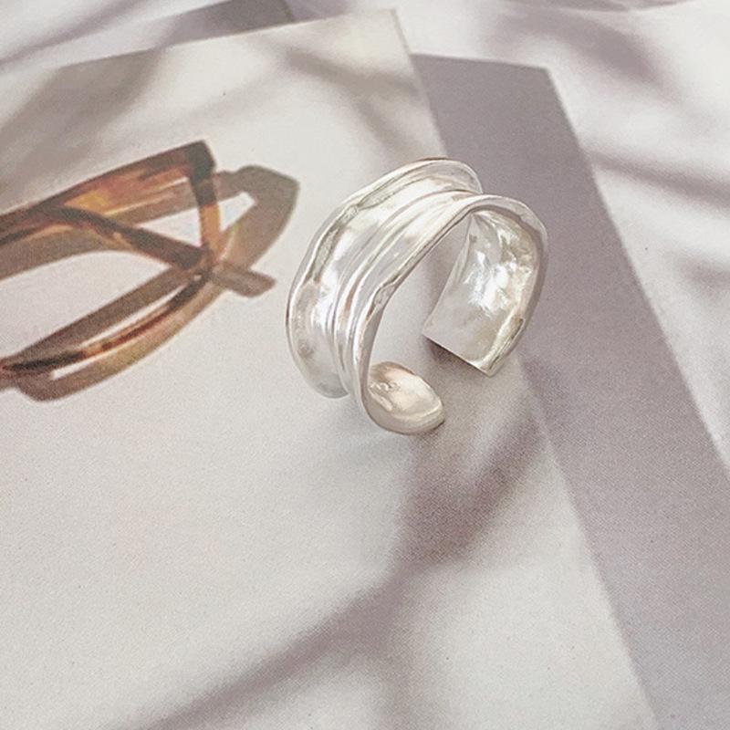 Korean INS Niche Design: 925 Sterling Silver Minimalist Irregular Pleated Texture Open Ring for Women