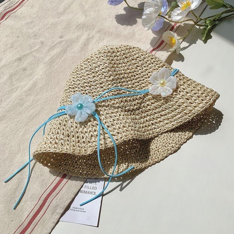 Lace Straw Sun Hat Children's Large Brim Summer Breathable Straw Hat Seaside Full Face Shading Sun Protection Hat Tide