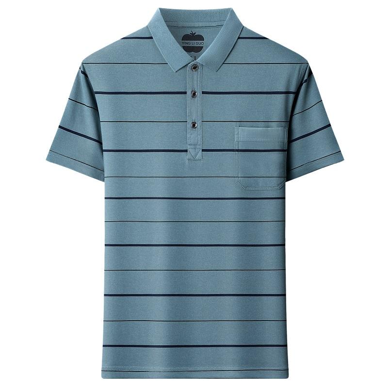 Cotton Short-Sleeved T-Shirt Men'S Medium And Green Loose Casual Half-Sleeved Striped Bottoming Shirt Polo Shirt