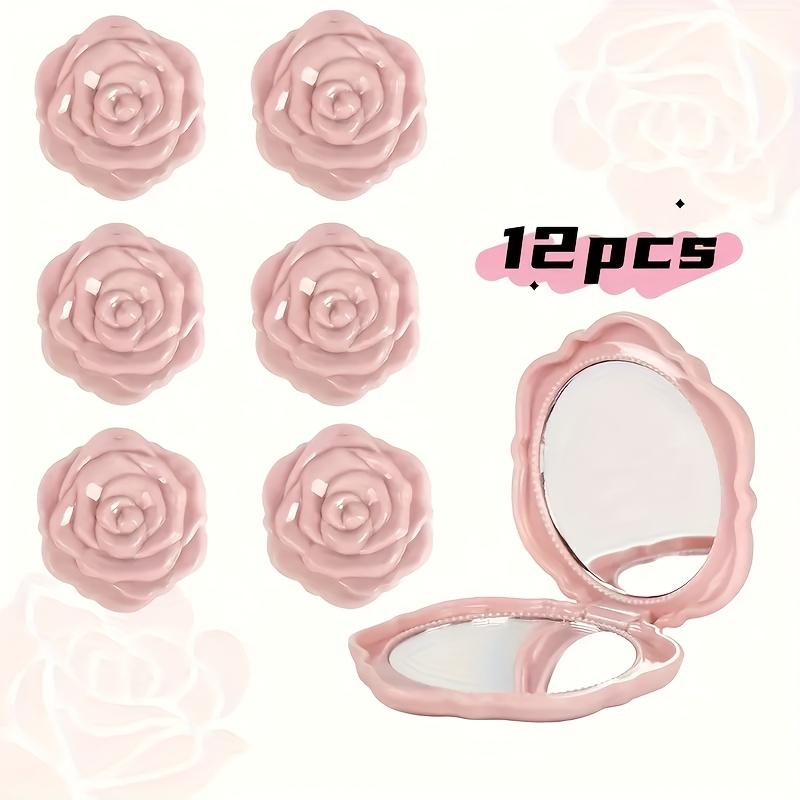 12pcs Pink Rose Compact Pocket Mirrors 3D Floral Compact Small Mirror Plastic Frame Folding Double-Sided Handheld Makeup Mirrors