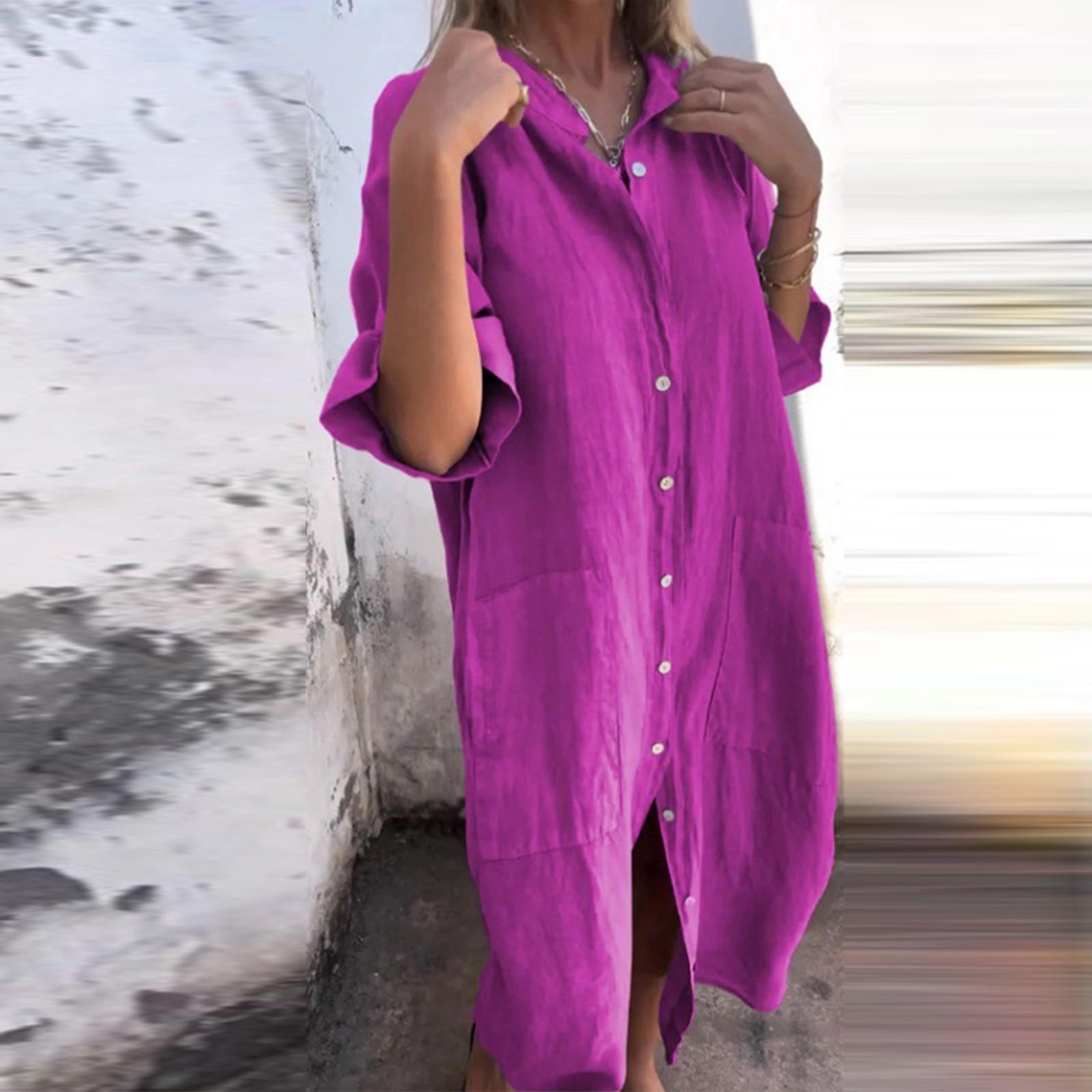 

Жіноча вільна повсякденна одноколірна бавовняна лляна сукня із середніми рукавами S фіолетовий