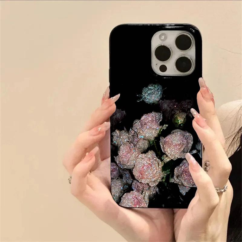 Pink Rose Flower Glossy Black Phone Case For iPhone 16 16e 15 14 13 12 11 Pro Max XS XR 7 8 Plus Shockproof Soft Silicone Cover