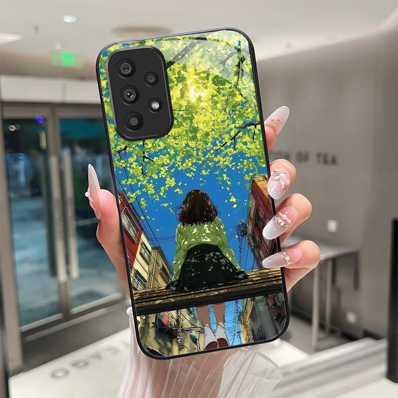 Süße Cartoon-Katzen Blumen Hülle Für Samsung Galaxy A52 A52S A72 4G 5G Gehärtetes Glas Handyhülle Schutzhülle Rückseite Hartschale