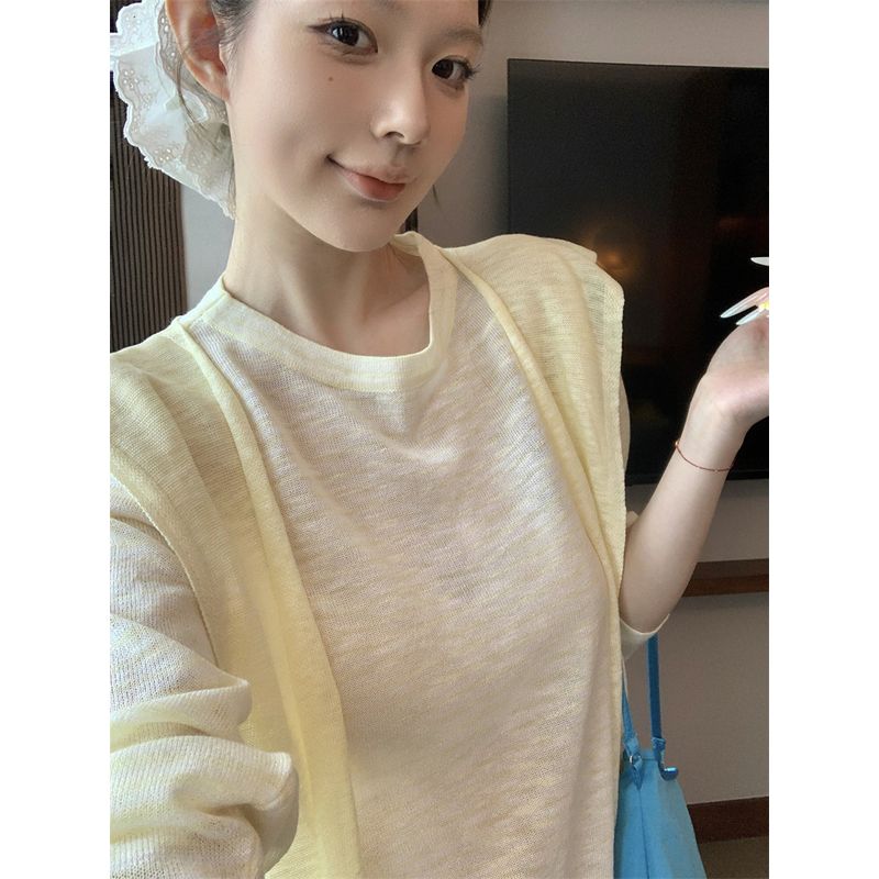 Kumikumi Idle Style Stripes Shawl Thin Long Sleeves T-shirt Female Autumn New All-Matching Slimming Sun Protection Top