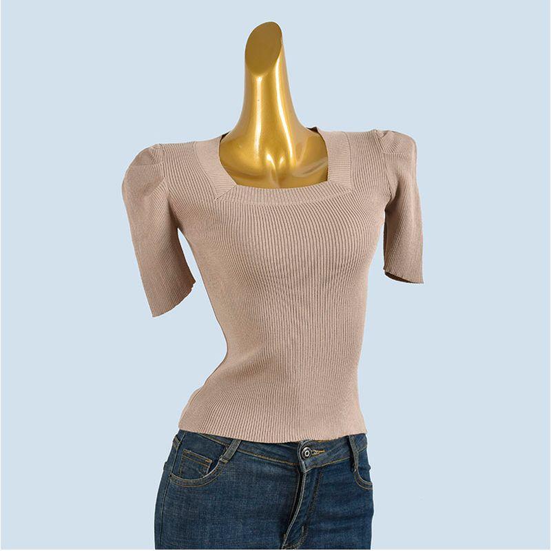 French style Retro Square Collar Puff sleeve Knit Short sleeve Women 2025 Summer Slim fit Slimming Versatile Top