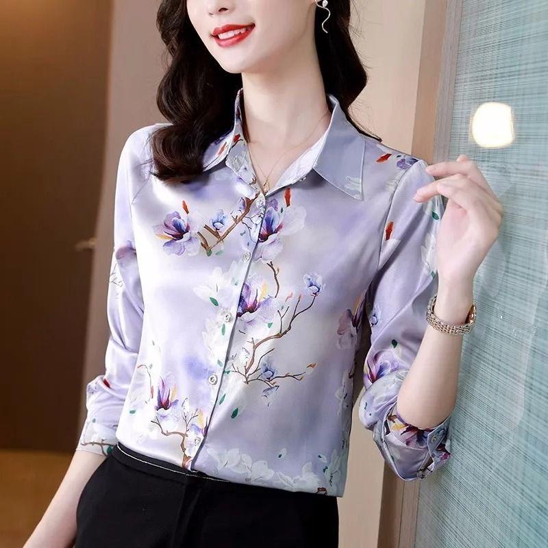 Women s Printed Satin Shirt is an elegant casual long sleeve top suitable for the office S