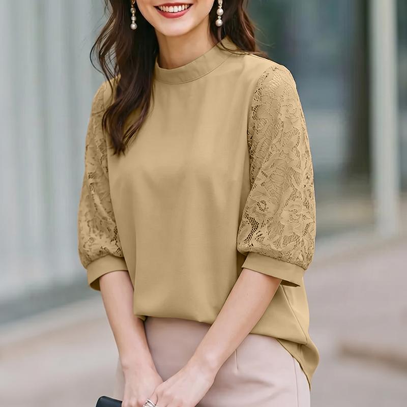 

ZANZEA Women Lace Crochet Splice 3/4 Sleeve Loose Casual Blouse 5XL хакі