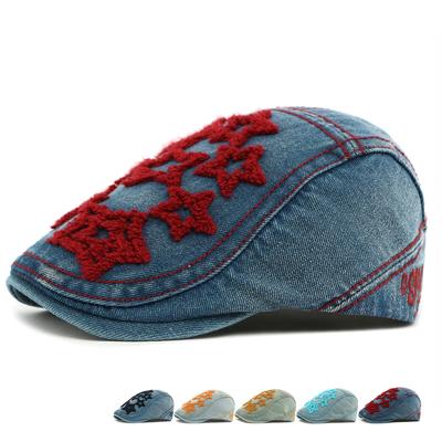 Ethnic Style Embroidered Five-Pointed Star Denim Beret Women British Peaked Cap Forward Cap