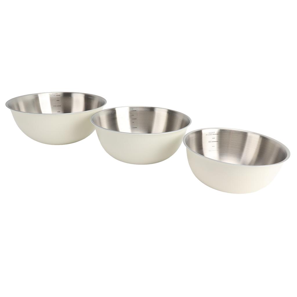 3 PCS 304 Stainless Steel Mixing Bowl Home Kitchen Salad Basin Baking Knead Dough Egg Bowl with Scale Creamy White