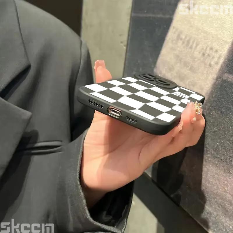 White Grid Smiling Face Print Phone Case For iPhone 16 15 14 13 12 11 Pro Max Mini 7 8 Plus X XR XS Matte Shockproof Soft Cover
