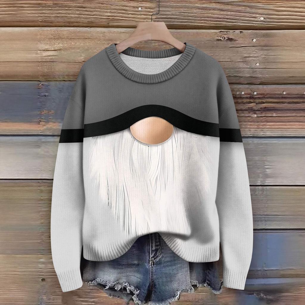 Long Sleeve Pullover Sweaters For Women O Neck Casual Cute Printing Knit Oversized Sweater