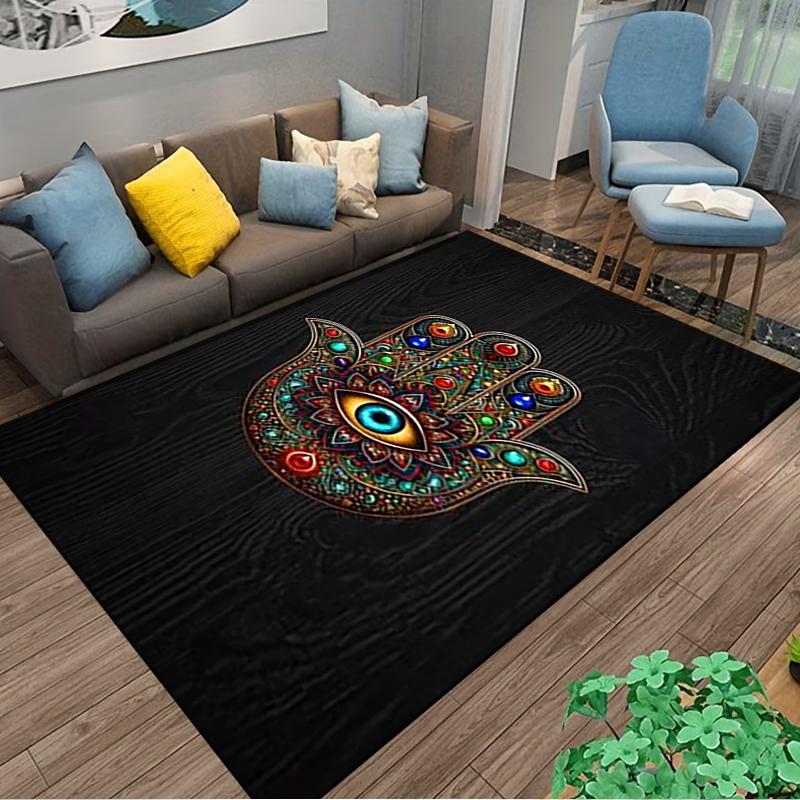 Hamsa Hand Carpet with Colorful Eye Design on Black Background Suitable for use as an anti-slip for living room bedroom sofas
