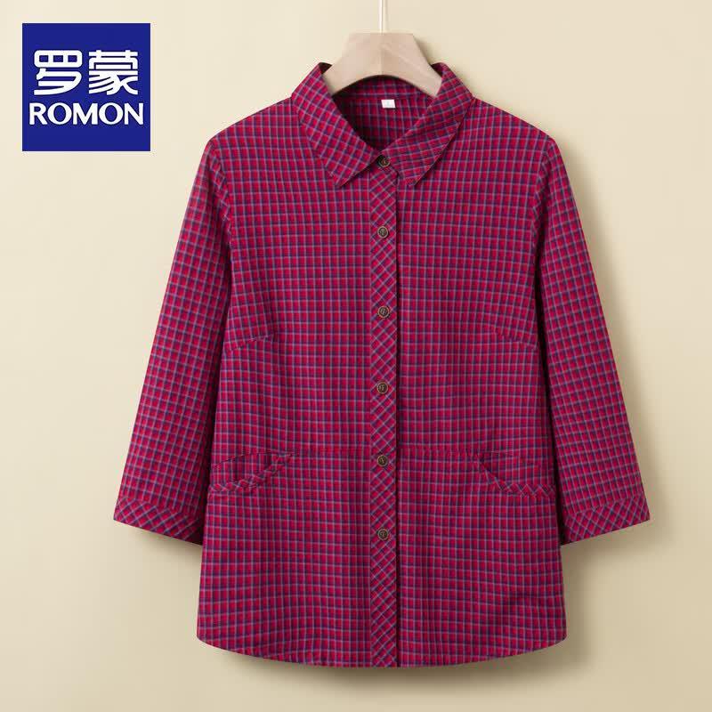 ROMON Women s Plaid Cotton Long-Sleeve Shirt for Middle-Aged & Elderly L