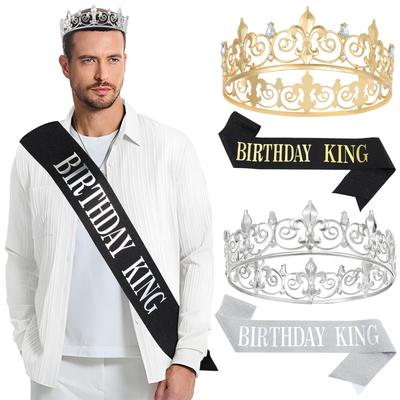 European & American Men's King Crown & Birthday Sash Set - Round Alloy Headwear for Party Decoration