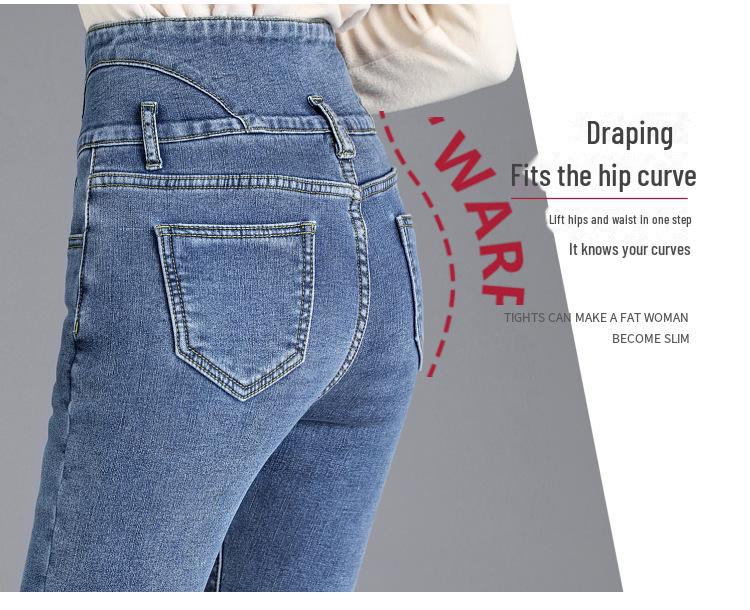 High-Waisted Fleece-Lined Skinny Denim Leggings with Multiple Buttons for Women - Perfect for Autumn & Winter