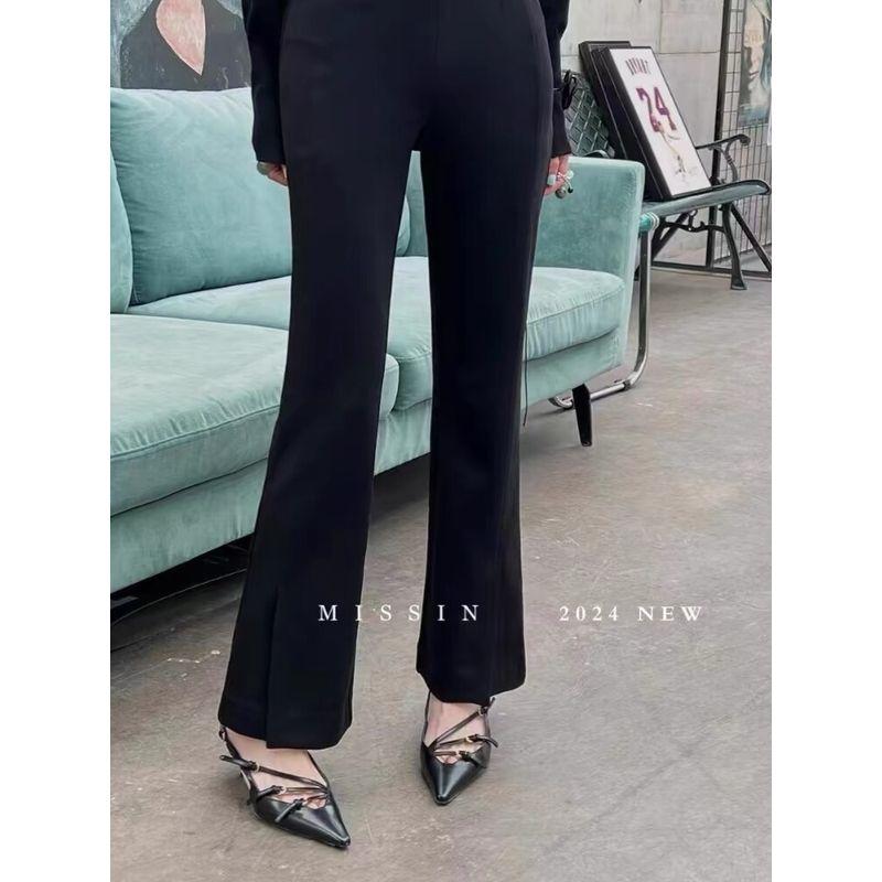 High Elasticity Bootcut Trousers! Women's 2024 Spring/Summer Small Split Trousers Mop Pants Giant Leg Shape Front Button Embellishment
