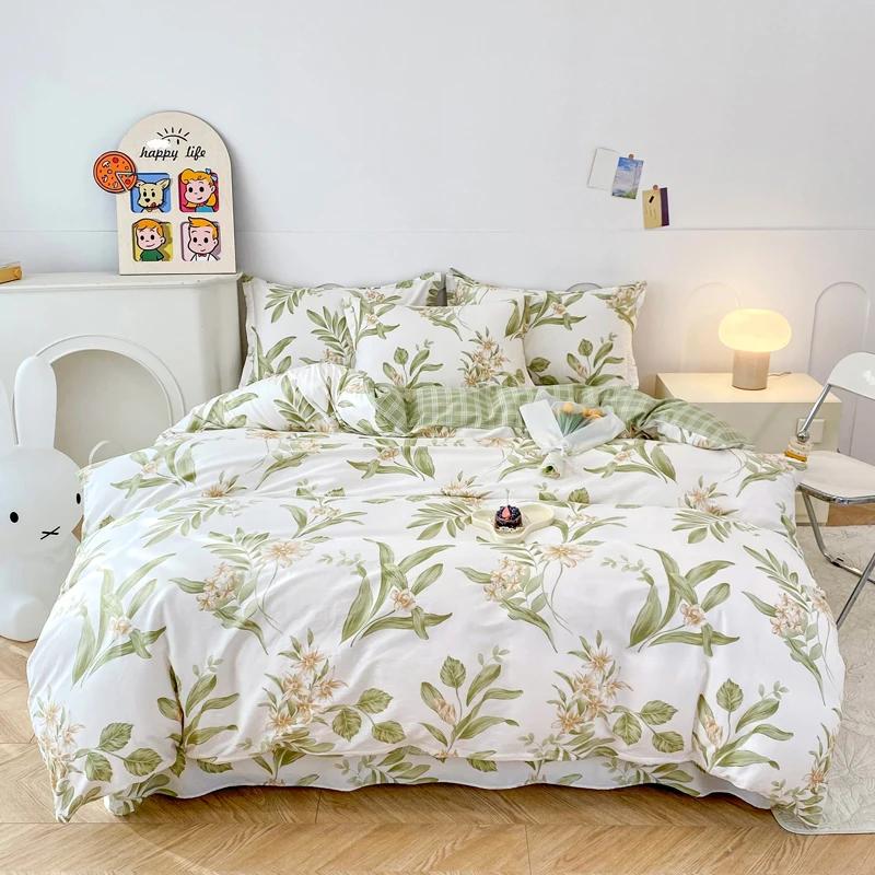 Floral Plants Duvet Cover Set 100% Cotton 3Pcs Blue Quilt Cover with 2 Pillowcases Skin-friendly Soft Bedding Set for All Season