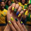 Wearable Nails, Sports Vibrant World Cup Theme Wearable False Nails, Yellow And Blue Contrast French Manicure Pieces