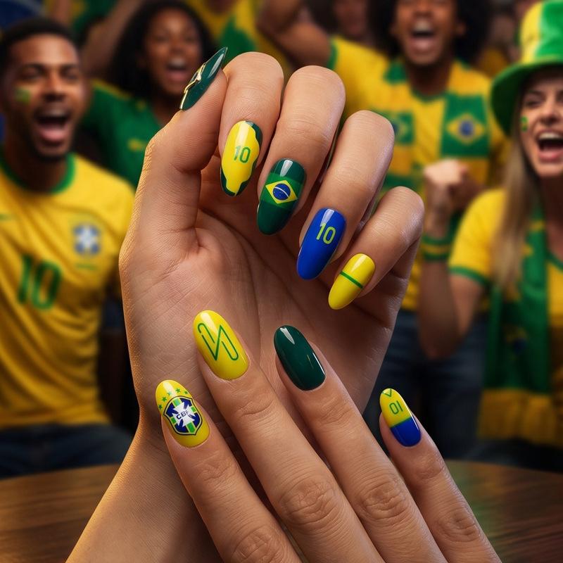 Wearable Nails, Sports Vibrant World Cup Theme Wearable False Nails, Yellow And Blue Contrast French Manicure Pieces