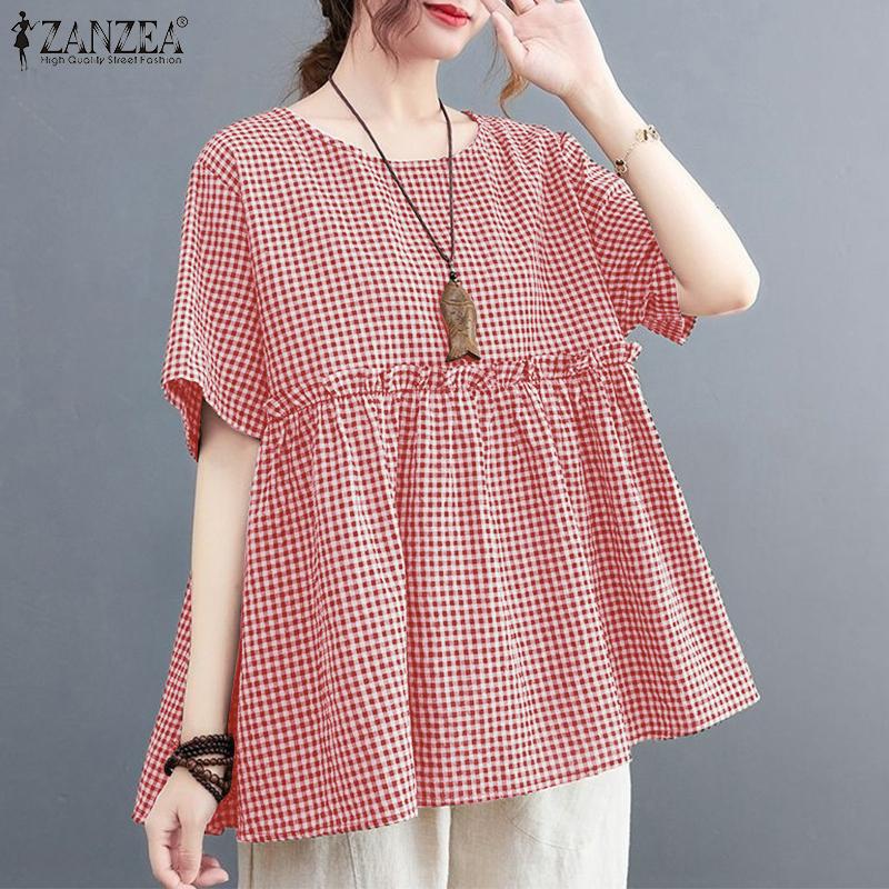 ZANZEA Women Casual Round Neck Summer Short Sleeve Plaid Print Blouse