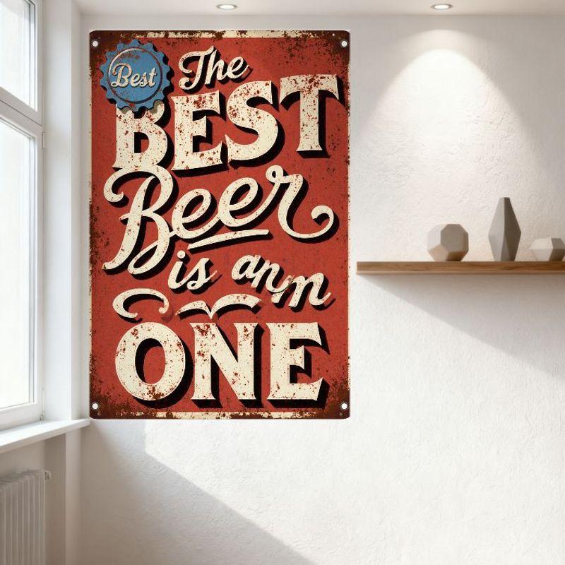 Vintage 'The BEST Beer Is Ann ONE' Metal Tin Sign Red Rustic Wall Decor for Man Cave Bar Cafe Home Pub Decor with Bolt Hanging